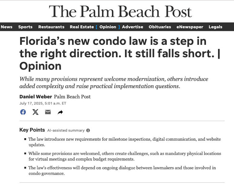 Daniel Weber in the Palm Beach Post: Florida's new condo law is a step in the right direction. It still falls short.